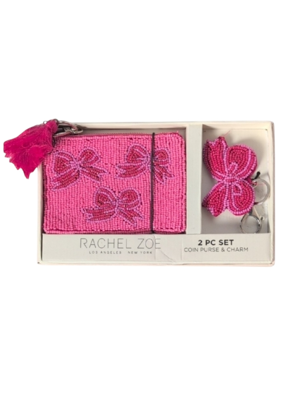 Rachel Zoe Beaded Pink Bows 2 Piece Coin Purse & Bag Charm Set